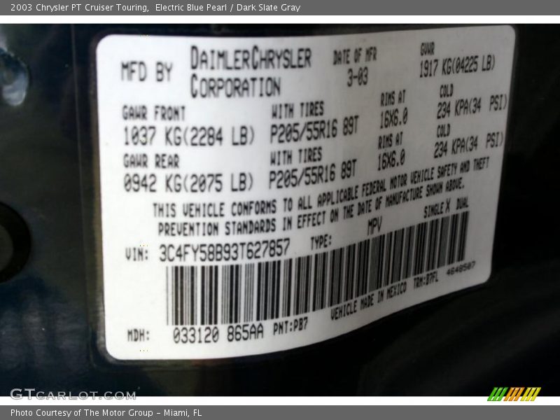 Electric Blue Pearl / Dark Slate Gray 2003 Chrysler PT Cruiser Touring