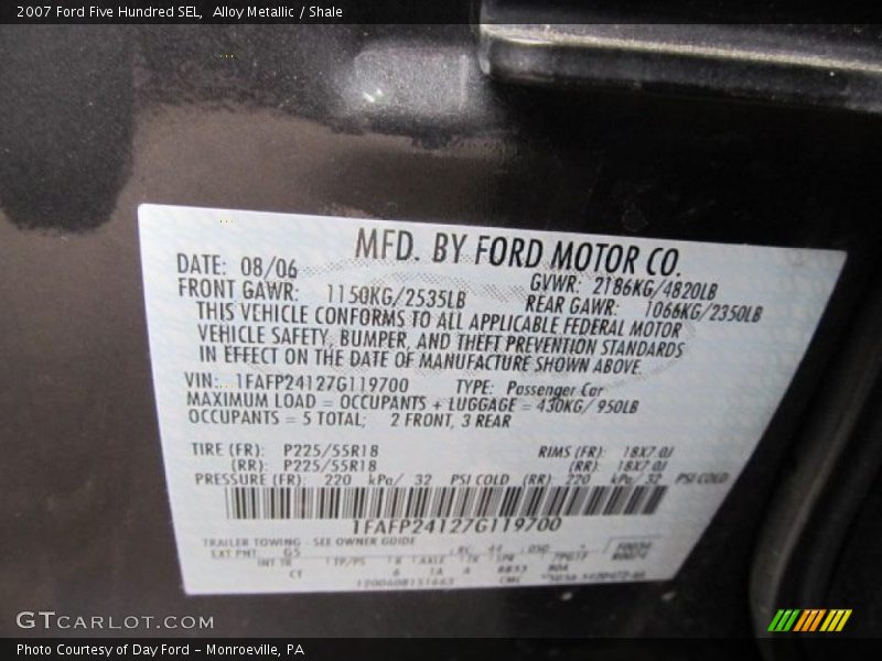 Alloy Metallic / Shale 2007 Ford Five Hundred SEL