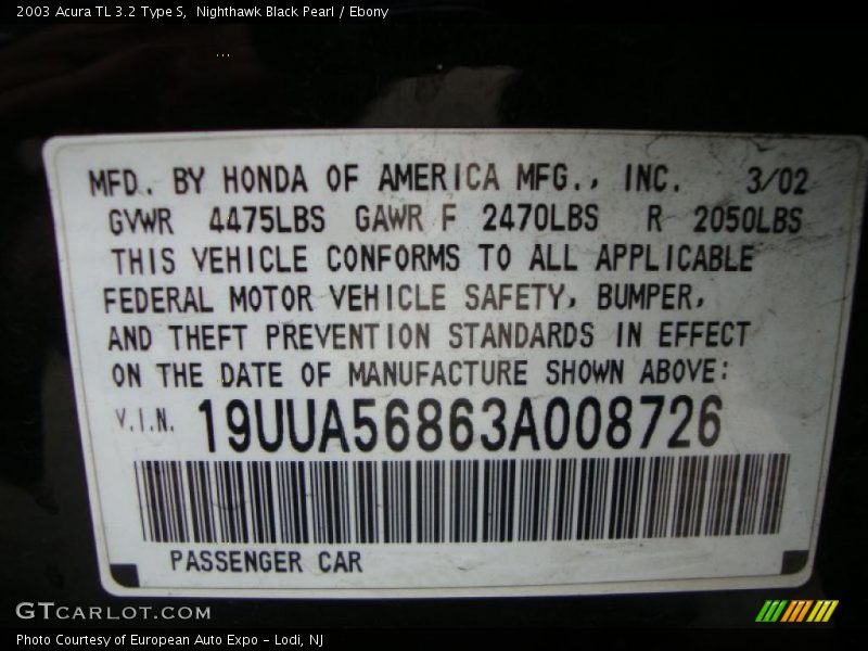 Nighthawk Black Pearl / Ebony 2003 Acura TL 3.2 Type S