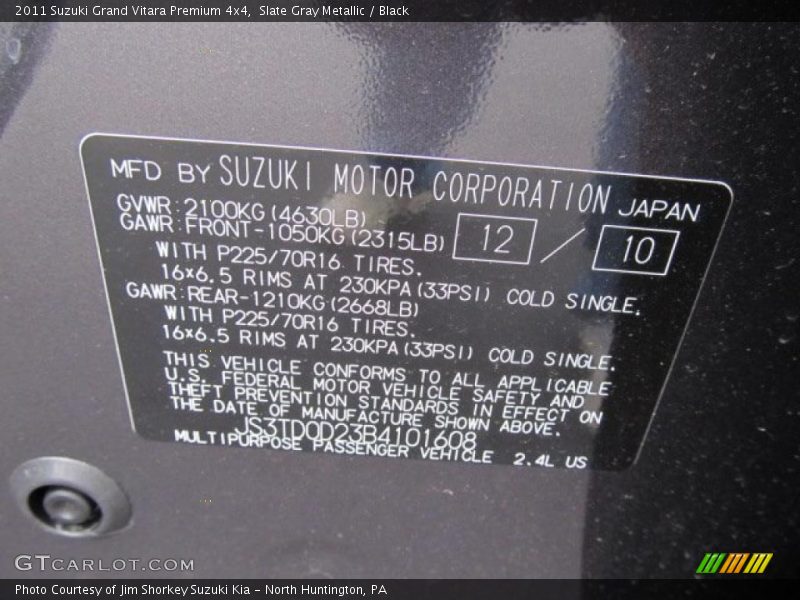 Slate Gray Metallic / Black 2011 Suzuki Grand Vitara Premium 4x4