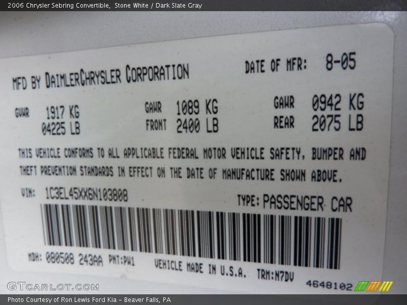 Stone White / Dark Slate Gray 2006 Chrysler Sebring Convertible