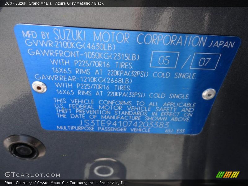 Azure Grey Metallic / Black 2007 Suzuki Grand Vitara