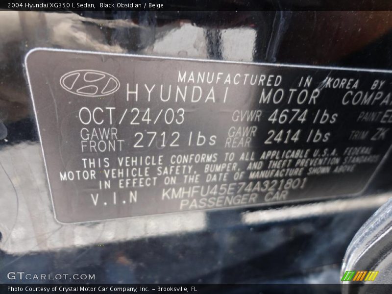 Black Obsidian / Beige 2004 Hyundai XG350 L Sedan