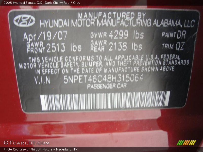 Dark Cherry Red / Gray 2008 Hyundai Sonata GLS