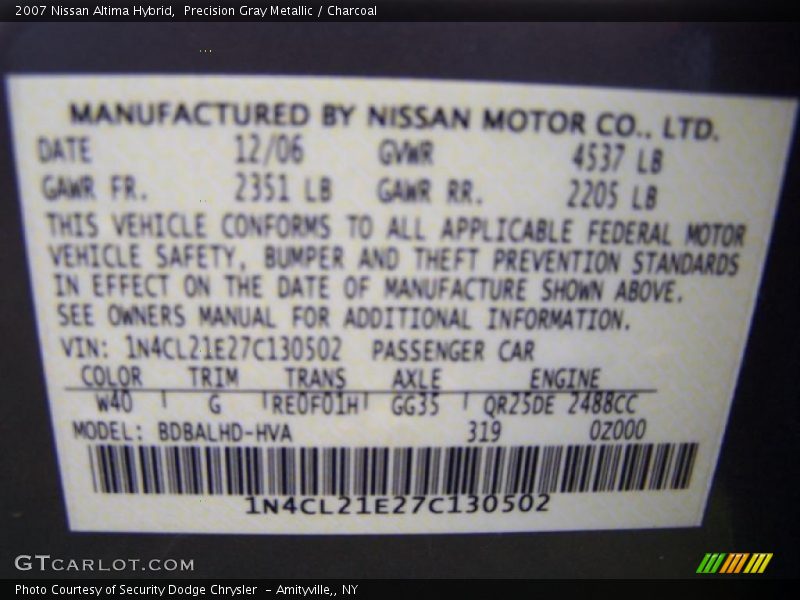 2007 Altima Hybrid Precision Gray Metallic Color Code W40