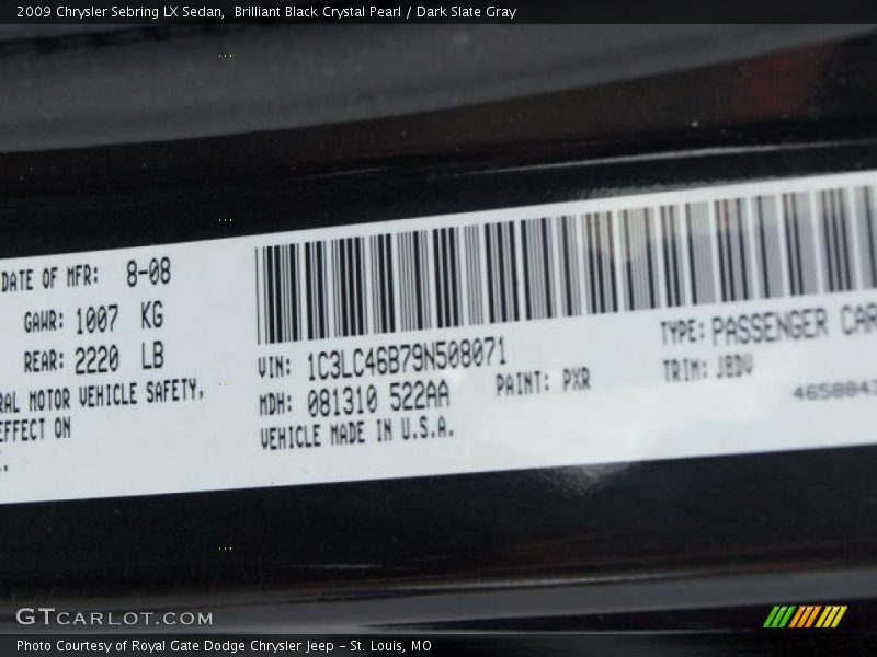 Brilliant Black Crystal Pearl / Dark Slate Gray 2009 Chrysler Sebring LX Sedan
