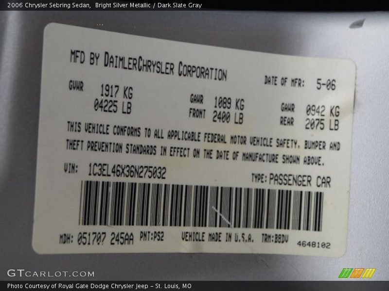 Bright Silver Metallic / Dark Slate Gray 2006 Chrysler Sebring Sedan