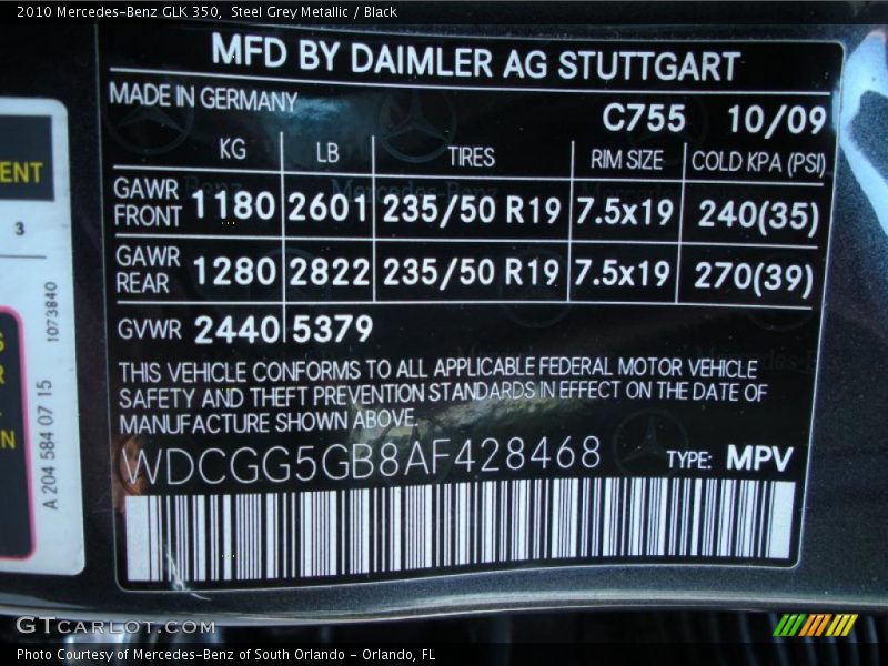 Steel Grey Metallic / Black 2010 Mercedes-Benz GLK 350