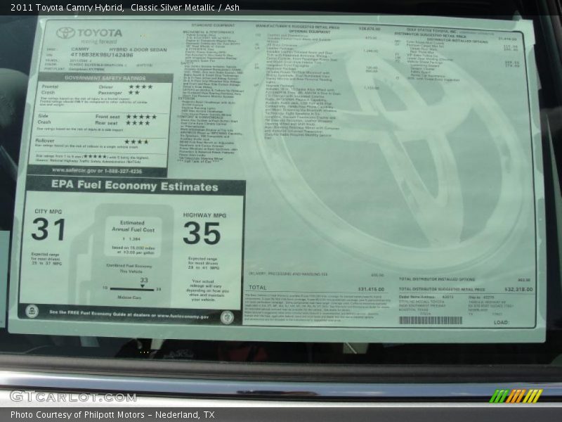  2011 Camry Hybrid Window Sticker