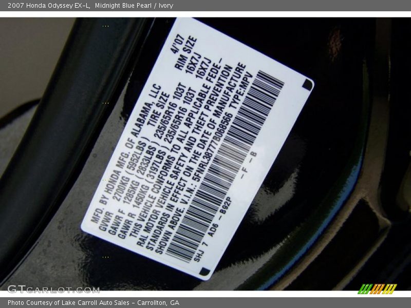 Midnight Blue Pearl / Ivory 2007 Honda Odyssey EX-L