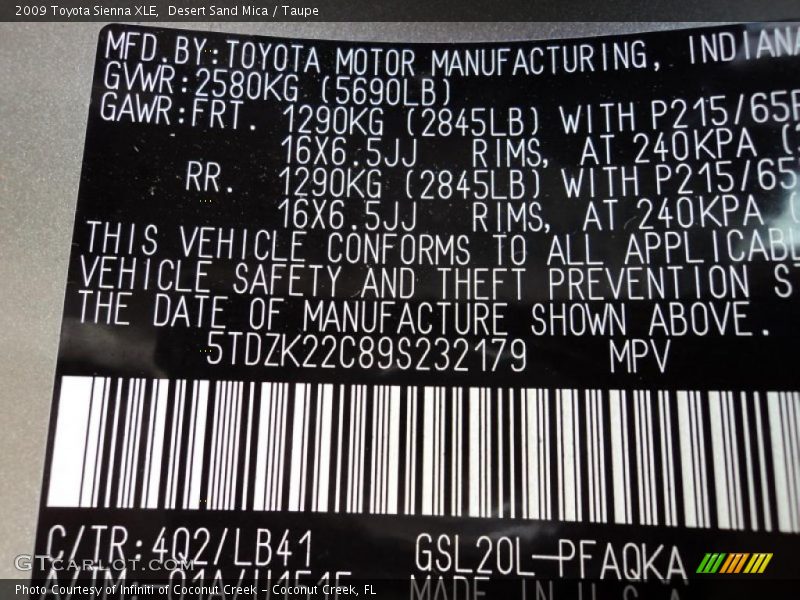 2009 Sienna XLE Desert Sand Mica Color Code 4Q2
