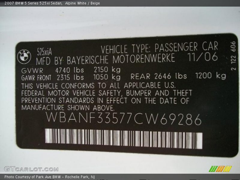 Alpine White / Beige 2007 BMW 5 Series 525xi Sedan