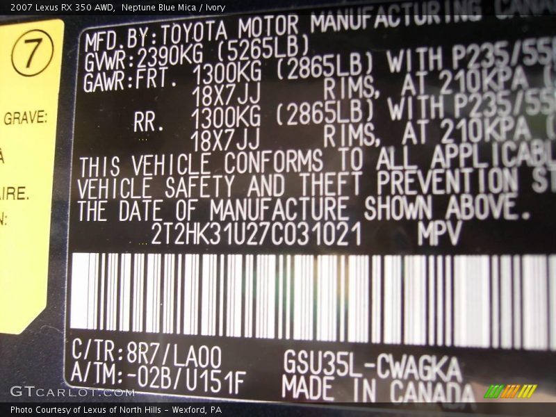 Neptune Blue Mica / Ivory 2007 Lexus RX 350 AWD