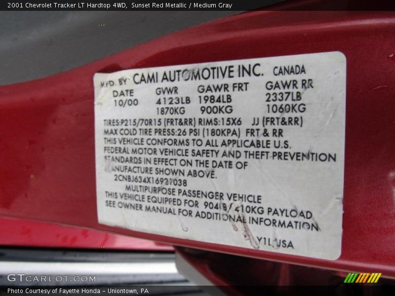 Info Tag of 2001 Tracker LT Hardtop 4WD