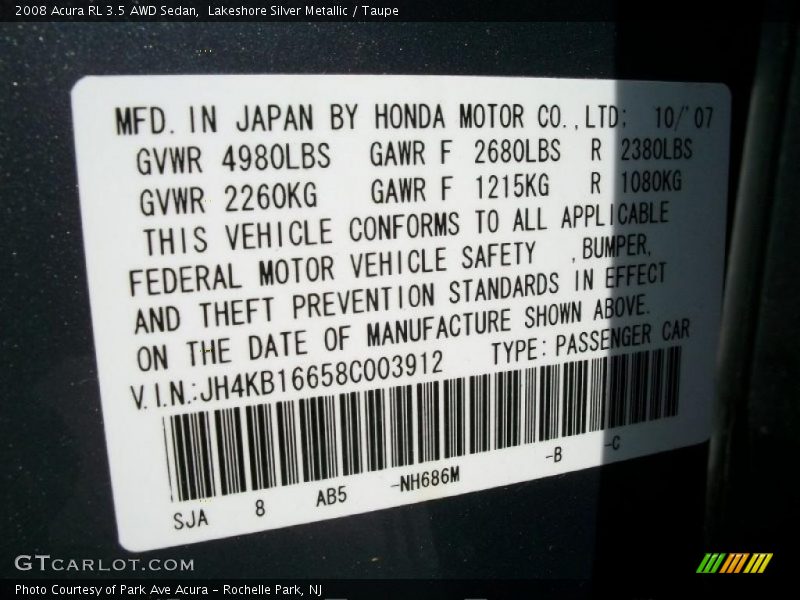 Lakeshore Silver Metallic / Taupe 2008 Acura RL 3.5 AWD Sedan