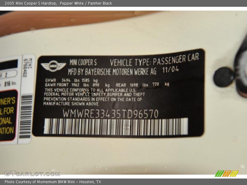 Pepper White / Panther Black 2005 Mini Cooper S Hardtop
