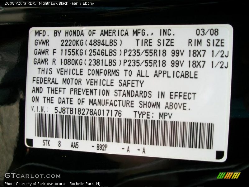 Nighthawk Black Pearl / Ebony 2008 Acura RDX