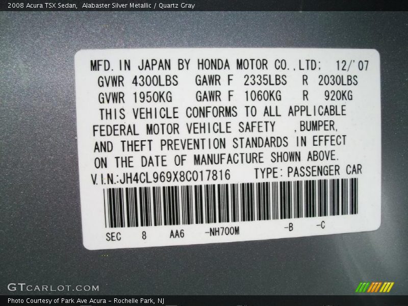 Alabaster Silver Metallic / Quartz Gray 2008 Acura TSX Sedan