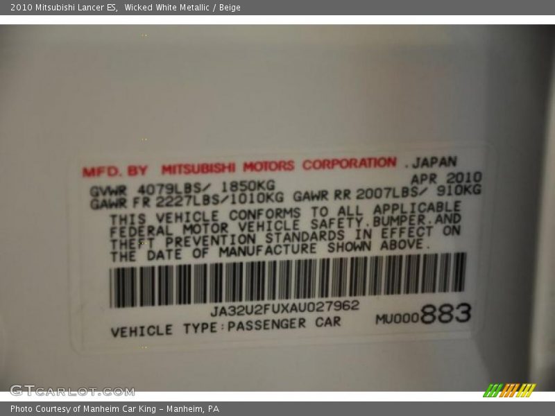 Wicked White Metallic / Beige 2010 Mitsubishi Lancer ES