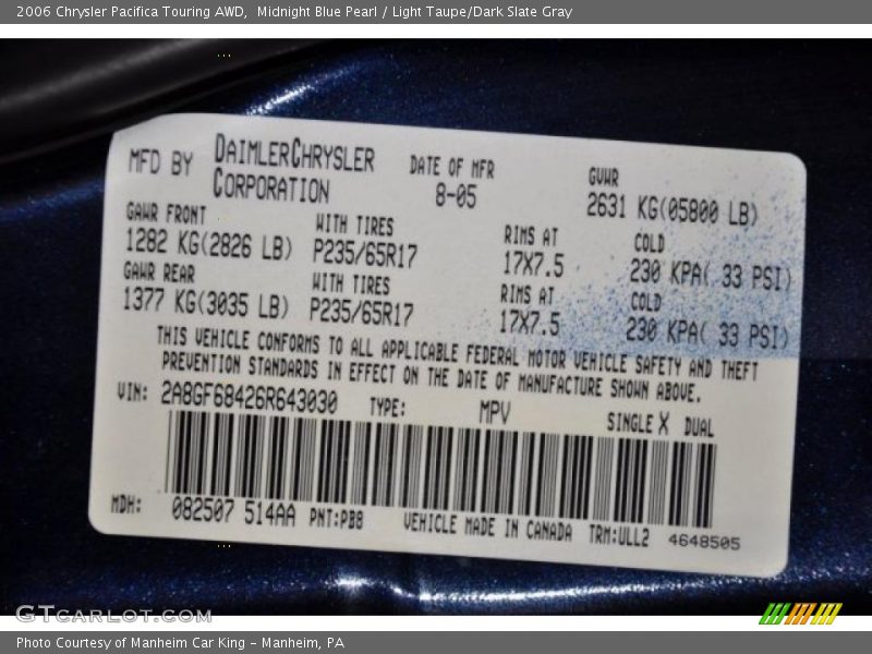 Midnight Blue Pearl / Light Taupe/Dark Slate Gray 2006 Chrysler Pacifica Touring AWD