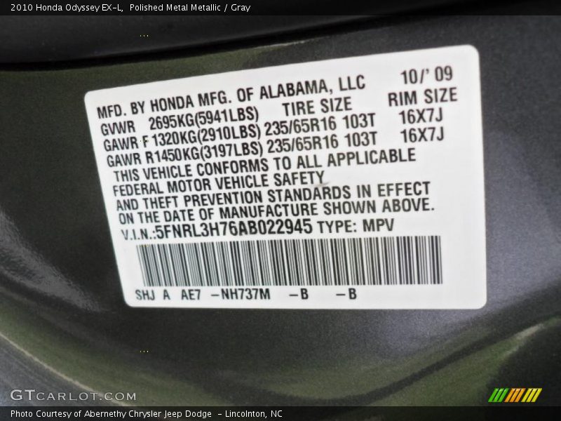 Polished Metal Metallic / Gray 2010 Honda Odyssey EX-L