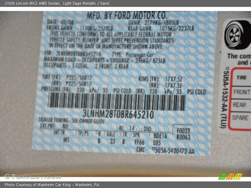 Light Sage Metallic / Sand 2008 Lincoln MKZ AWD Sedan