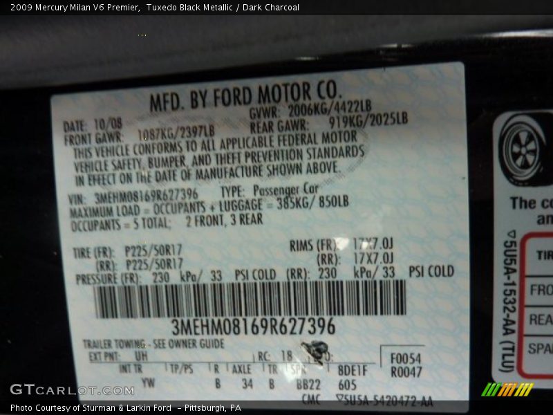 Tuxedo Black Metallic / Dark Charcoal 2009 Mercury Milan V6 Premier