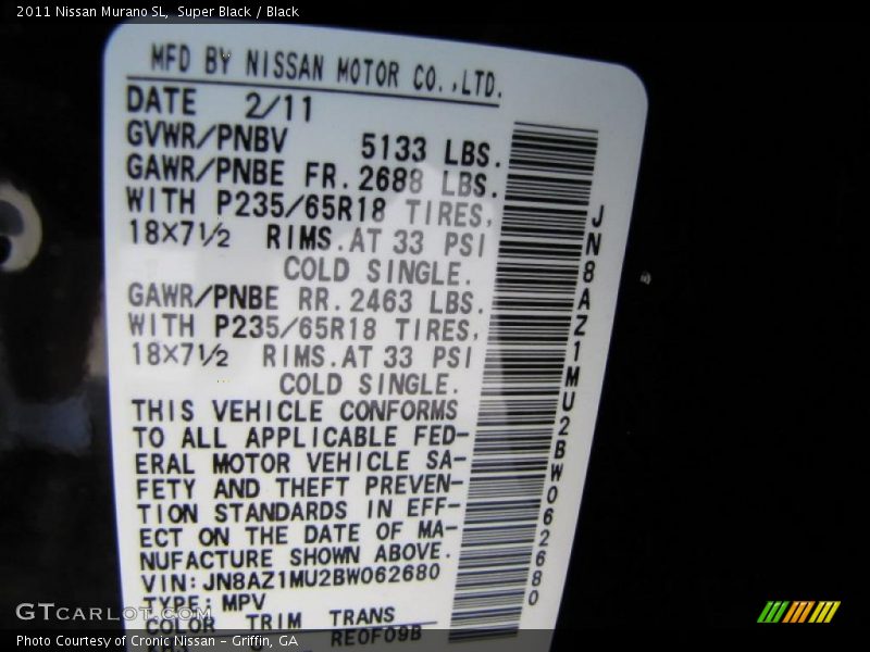 2011 Murano SL Super Black Color Code KH3