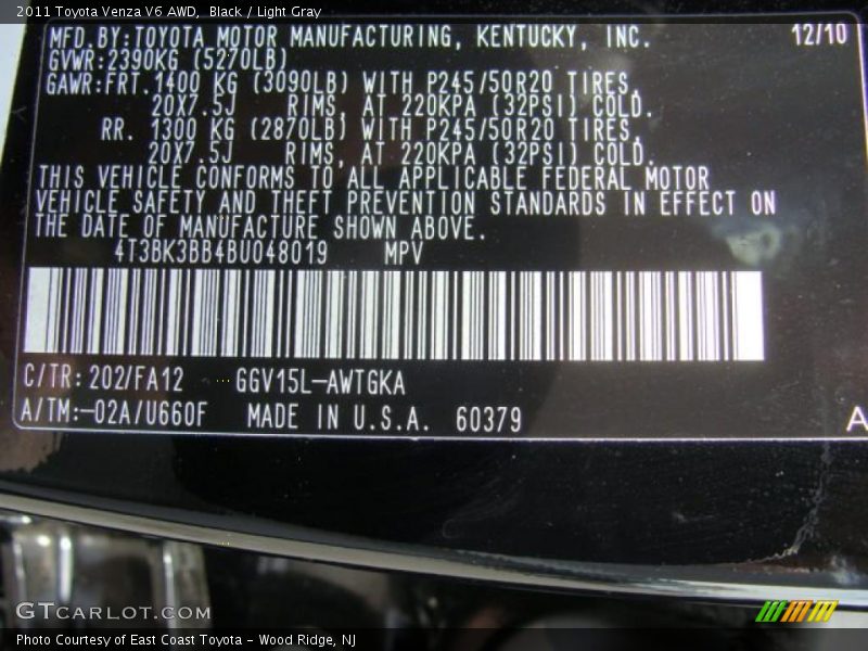 Black / Light Gray 2011 Toyota Venza V6 AWD