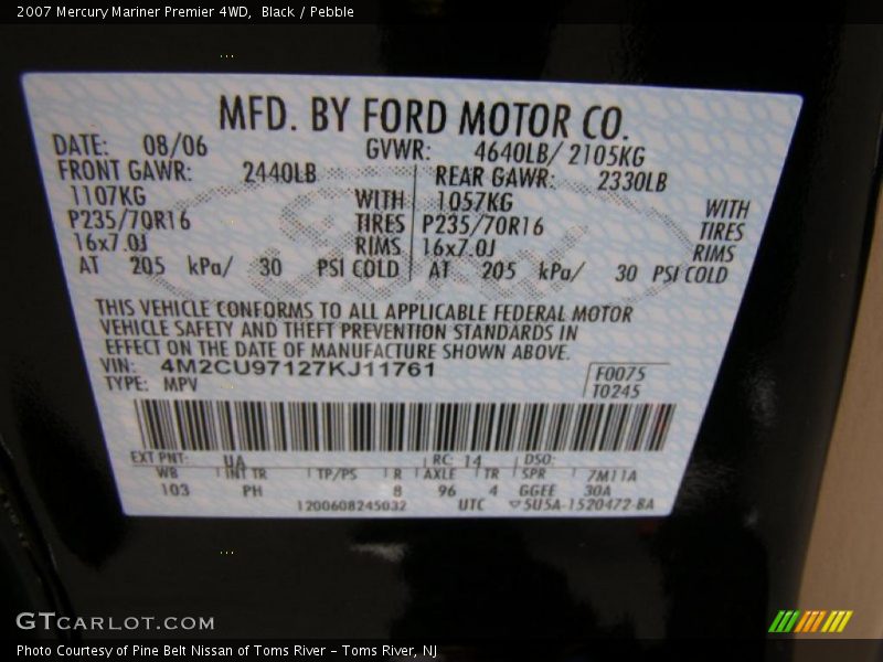 Black / Pebble 2007 Mercury Mariner Premier 4WD