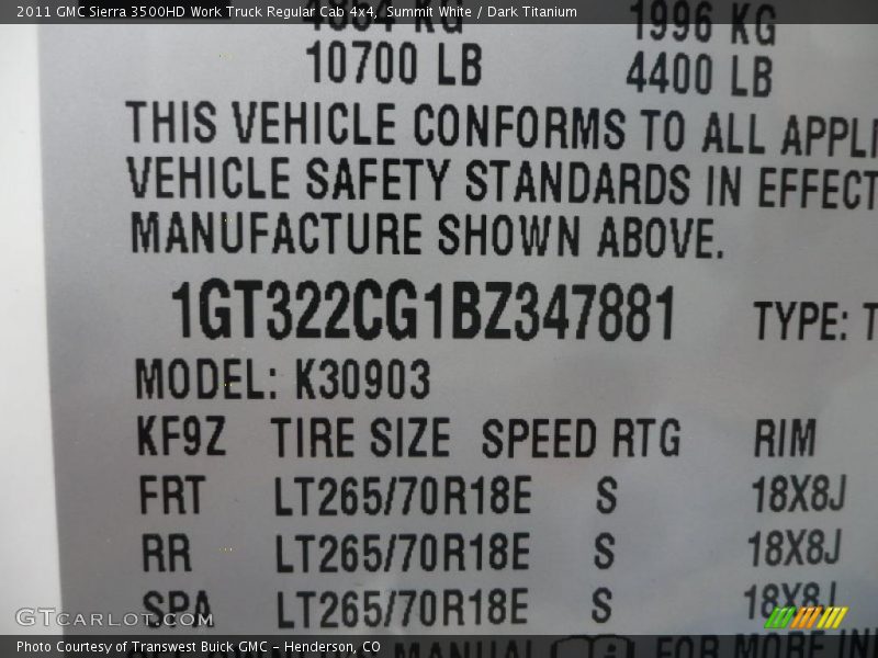 Summit White / Dark Titanium 2011 GMC Sierra 3500HD Work Truck Regular Cab 4x4