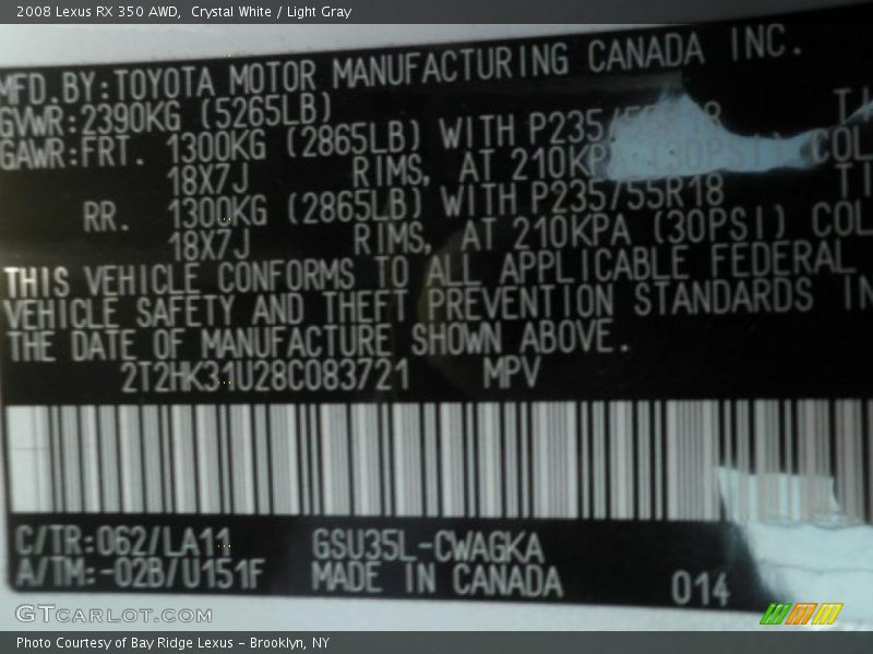 Crystal White / Light Gray 2008 Lexus RX 350 AWD