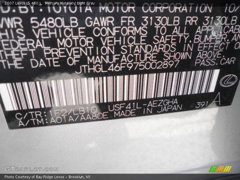 Mercury Metallic / Light Gray 2007 Lexus LS 460 L