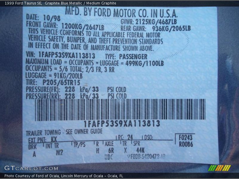 1999 Taurus SE Graphite Blue Metallic Color Code KX