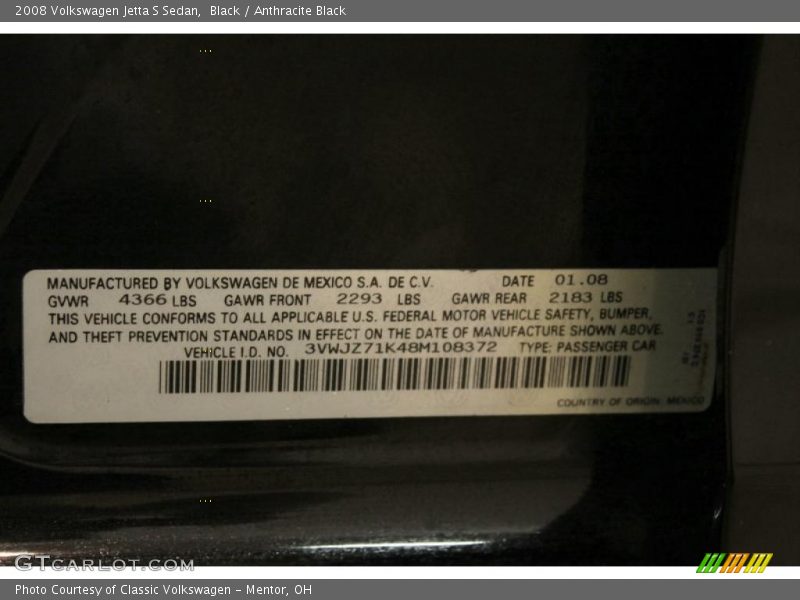 Black / Anthracite Black 2008 Volkswagen Jetta S Sedan