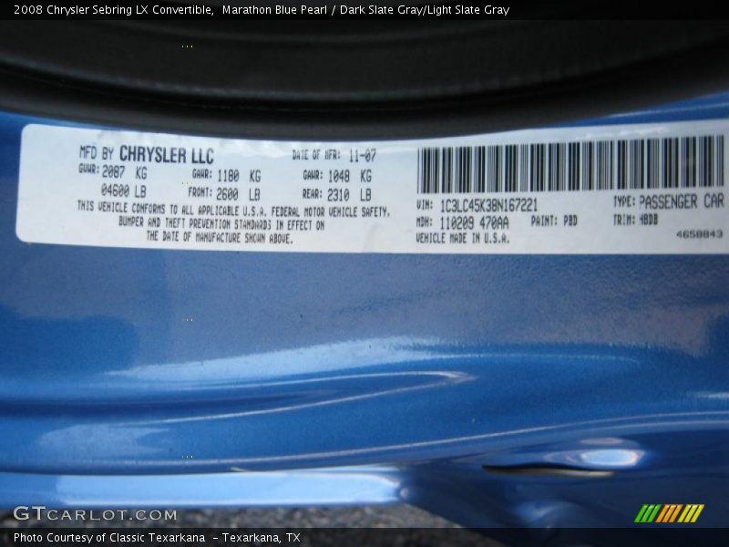 Marathon Blue Pearl / Dark Slate Gray/Light Slate Gray 2008 Chrysler Sebring LX Convertible