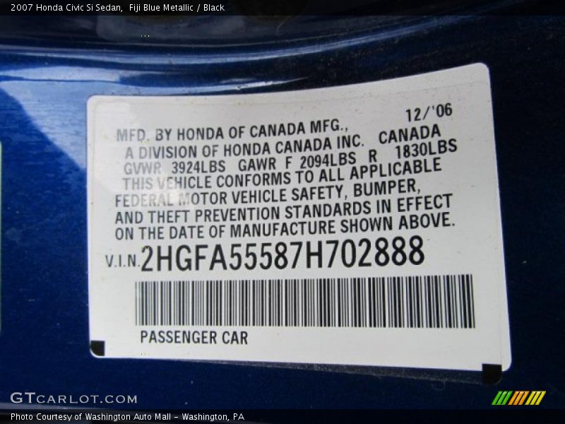 Fiji Blue Metallic / Black 2007 Honda Civic Si Sedan