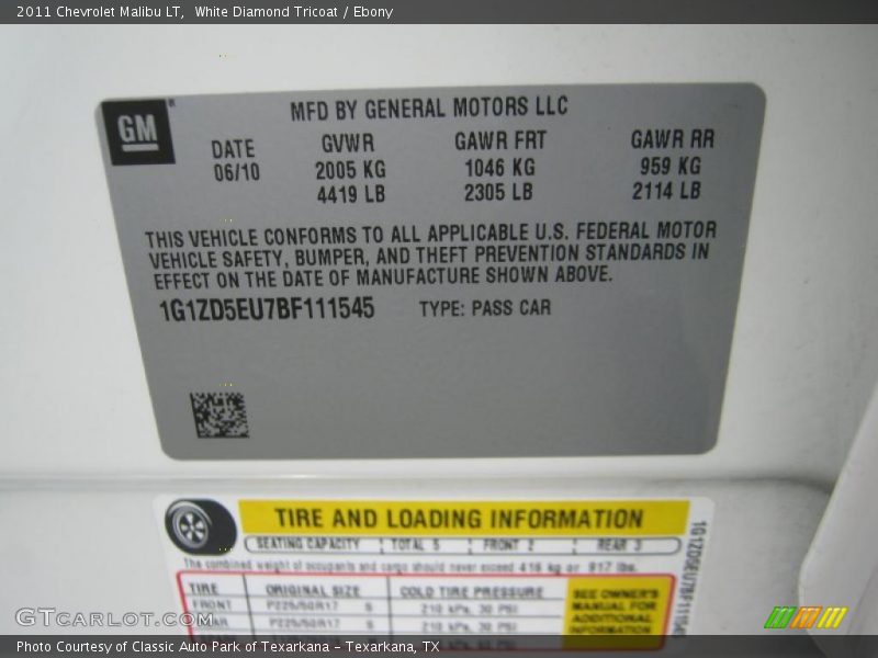 Info Tag of 2011 Malibu LT