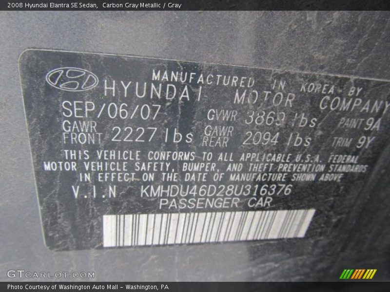 Carbon Gray Metallic / Gray 2008 Hyundai Elantra SE Sedan