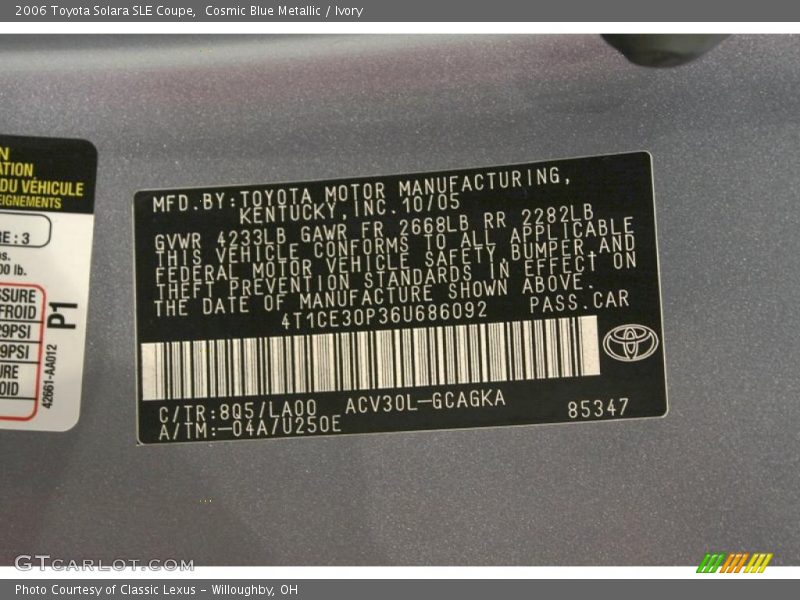 2006 Solara SLE Coupe Cosmic Blue Metallic Color Code 8Q5