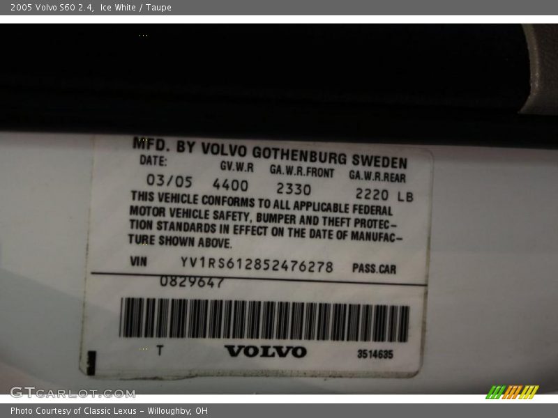 Ice White / Taupe 2005 Volvo S60 2.4