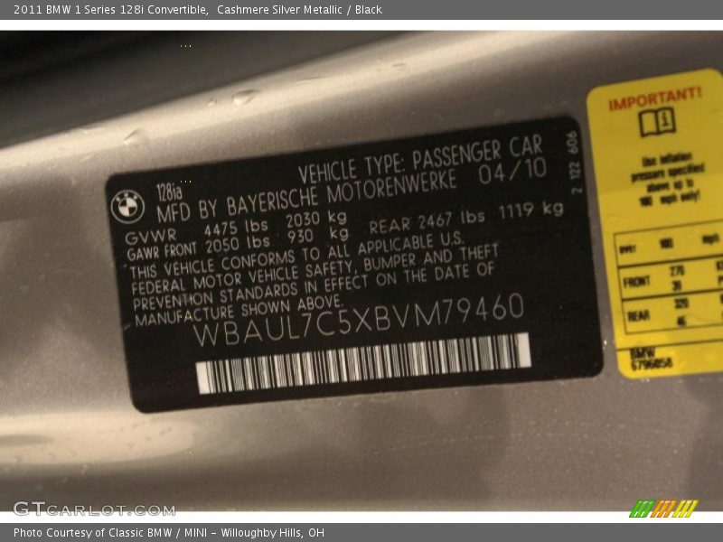 Cashmere Silver Metallic / Black 2011 BMW 1 Series 128i Convertible