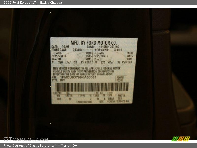 Black / Charcoal 2009 Ford Escape XLT
