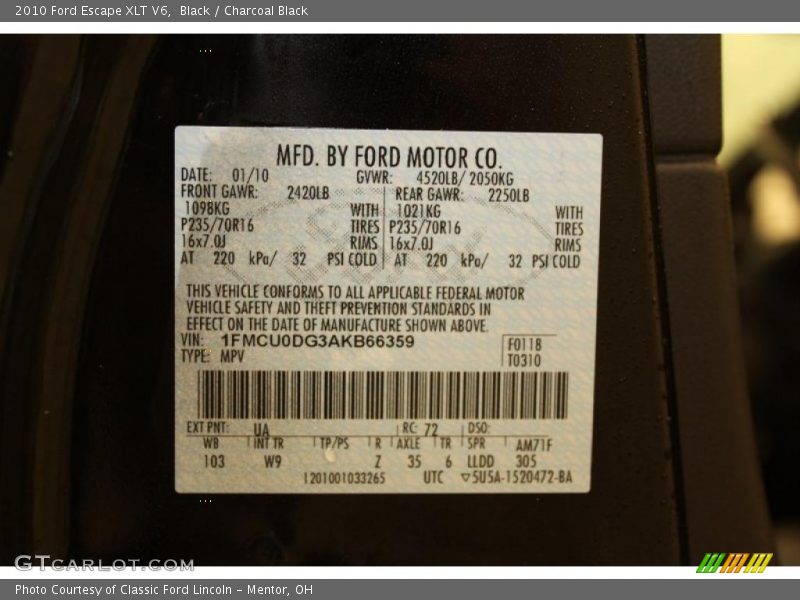 Black / Charcoal Black 2010 Ford Escape XLT V6