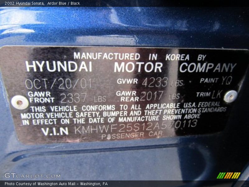 Ardor Blue / Black 2002 Hyundai Sonata