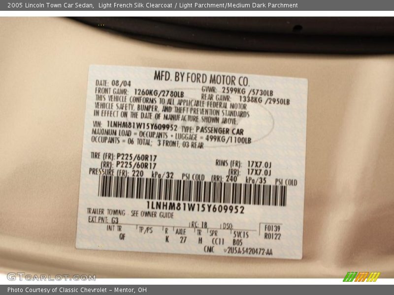 2005 Town Car Sedan Light French Silk Clearcoat Color Code G3