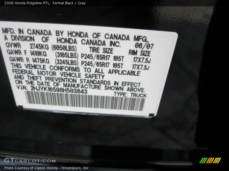 Formal Black / Gray 2008 Honda Ridgeline RTL