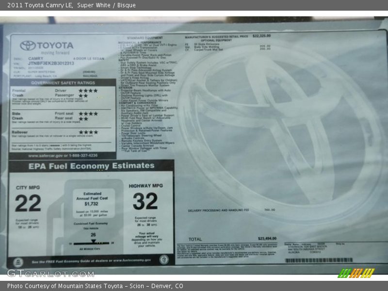  2011 Camry LE Window Sticker