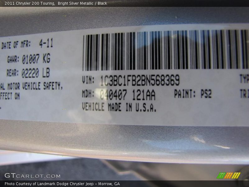 Bright Silver Metallic / Black 2011 Chrysler 200 Touring