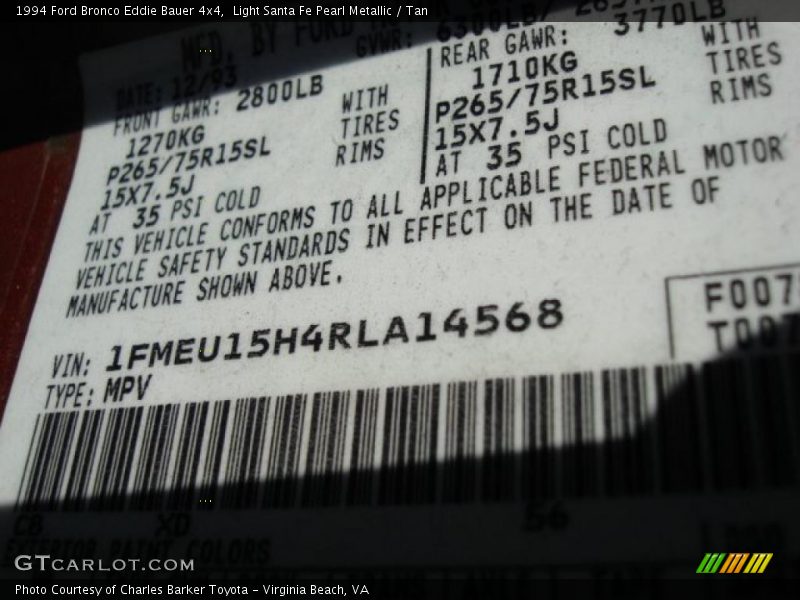 Light Santa Fe Pearl Metallic / Tan 1994 Ford Bronco Eddie Bauer 4x4